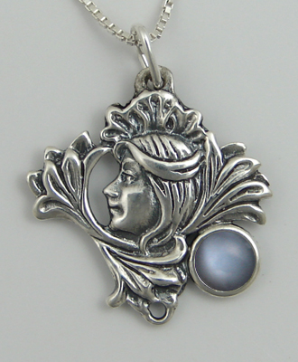 Sterling Silver Woman Maiden of the Lotus Flower Pendant Necklace With Grey